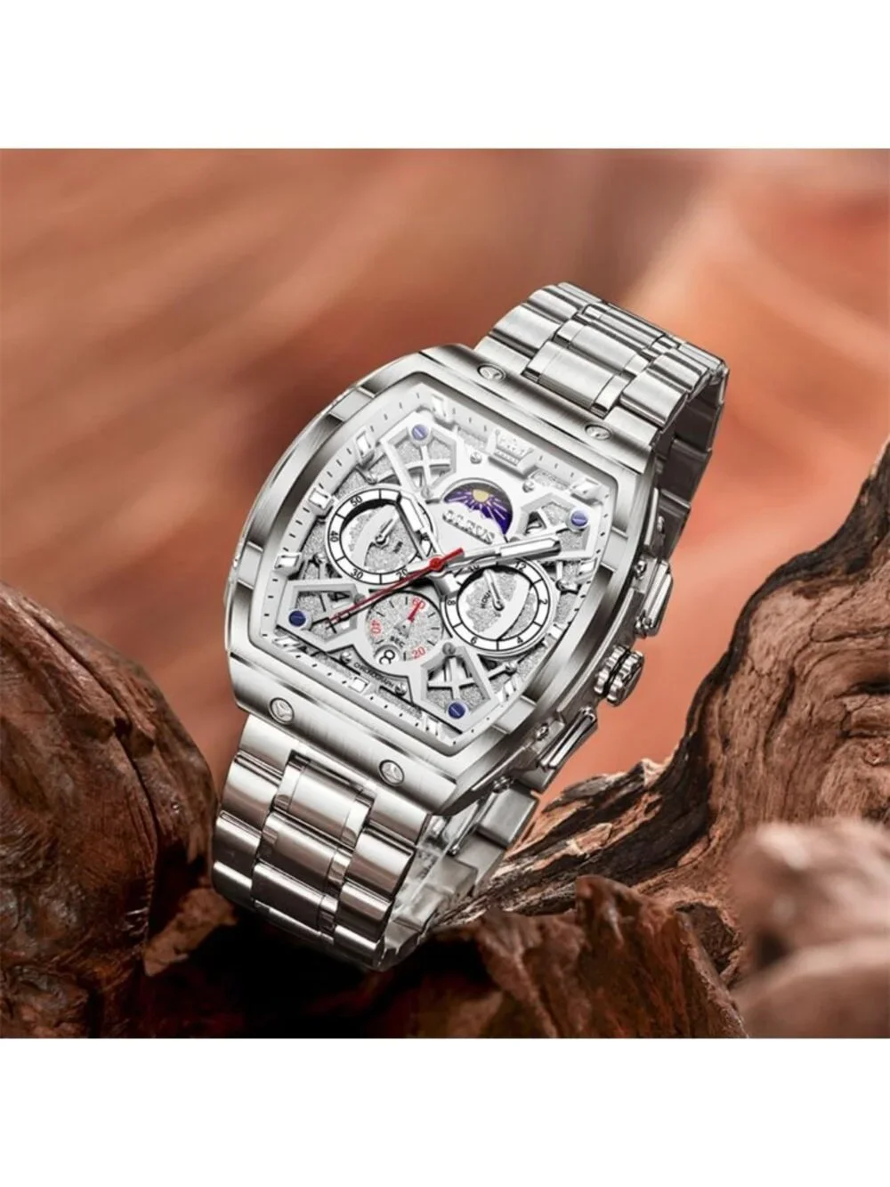 Men's Silver Chronograph Big Square Analog Stainless Steel Date Wrist Watch